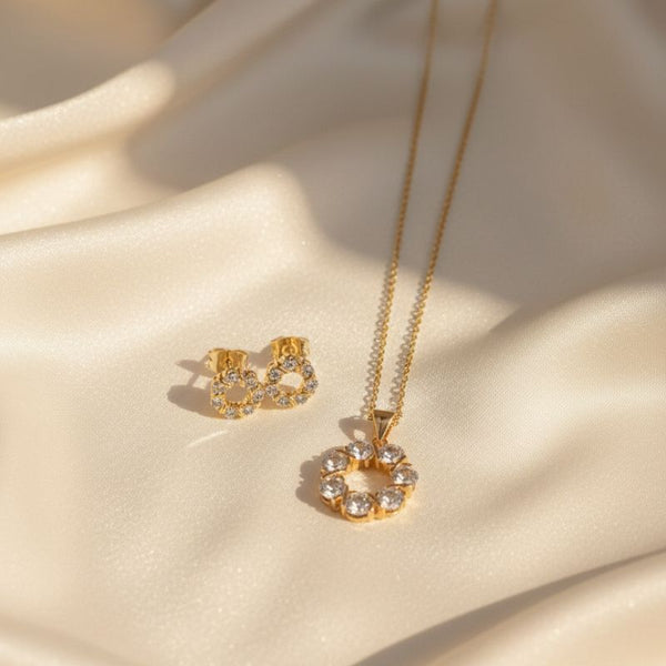 18K Gold Plated Floral Crystal Halo Set necklace and earrings