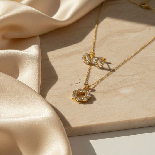 18K Gold Plated Floral Crystal Halo Set