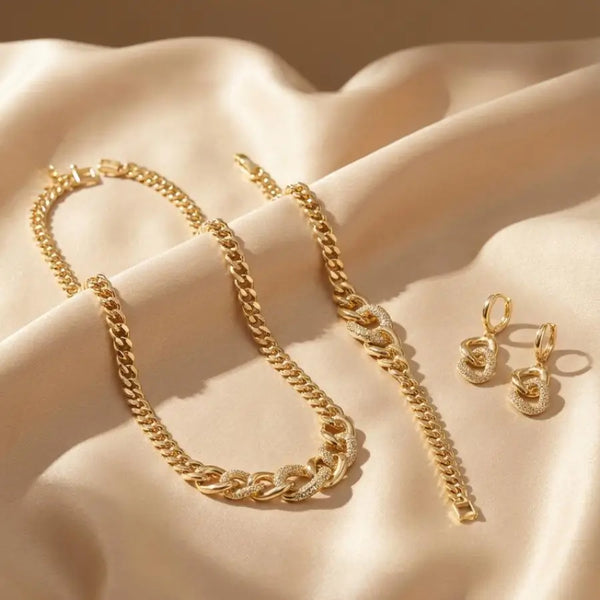 18K Gold Plated Jewelry Set with Interlocking Sparkle Links