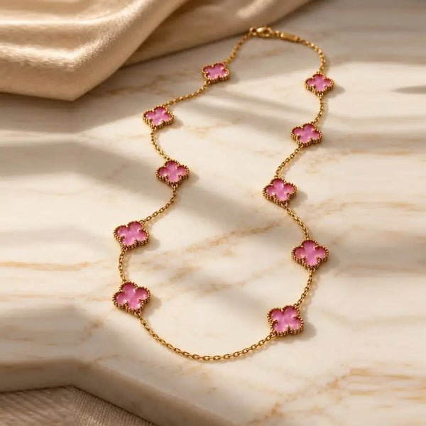 18K Gold Plated Necklace with Pink Clover Details