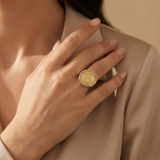 Adjustable Gold Plated Ring with Coin-Inspired Design