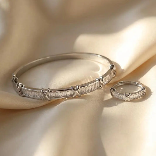 Baguette X Bracelet & Ring Set Silver