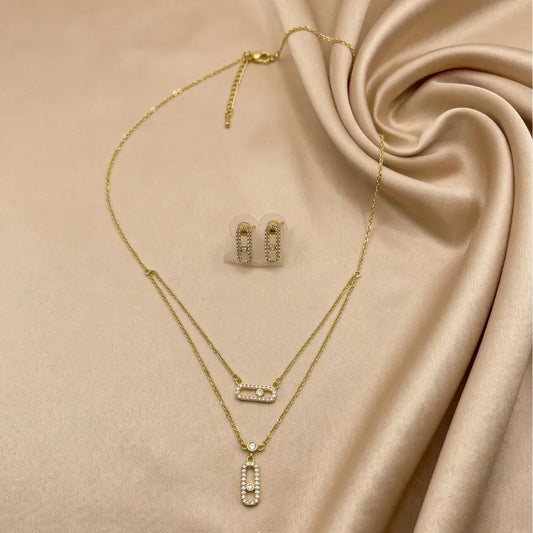 Double Layer Oval Gold Plated Necklace Set with Earrings