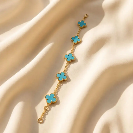 Four-Leaf Gold Plated Charm Bracelet - Blue