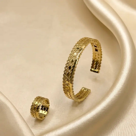 Geometric Gold Plated Cuff Bracelet and Ring Set