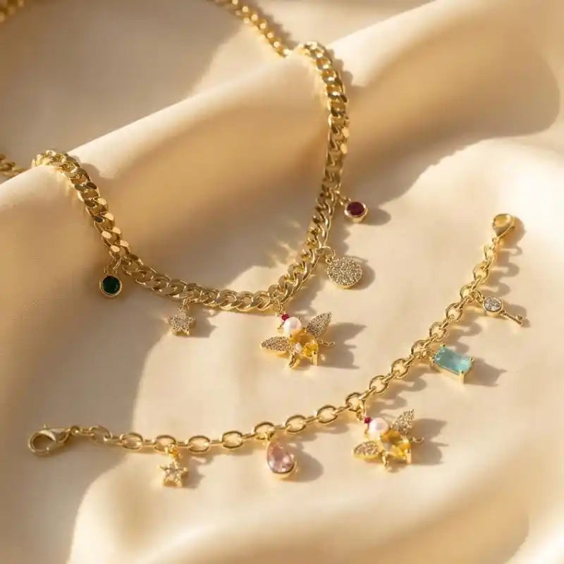Gold-Plated Crystal and Pearl Bee Multi-Charm Jewelry Set
