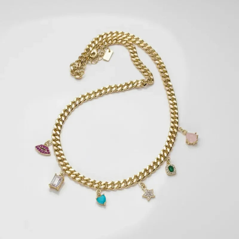 Gold Plated Colorful Charm Cuban Link Necklace
