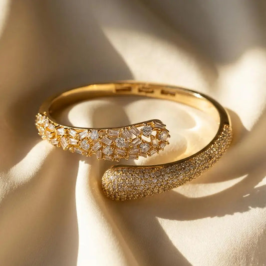 Gold-plated Baguette & Round Zirconia Bypass Bangle