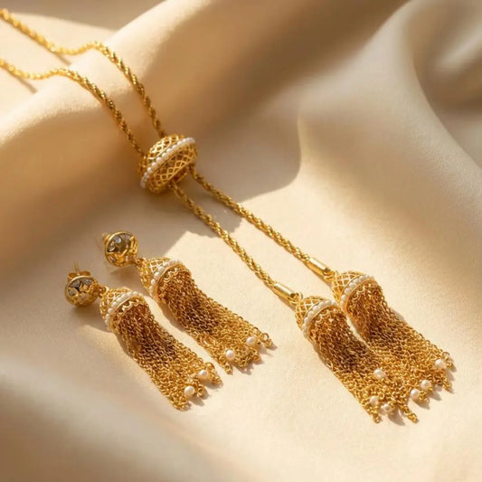Gold-plated Tassel Pearl Heritage Jewelry Set close-up