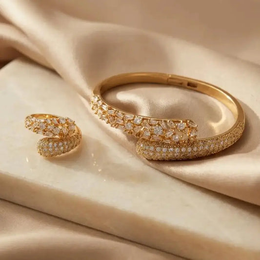 Gold-plated Baguette & Round Zirconia Bypass Jewelry Set