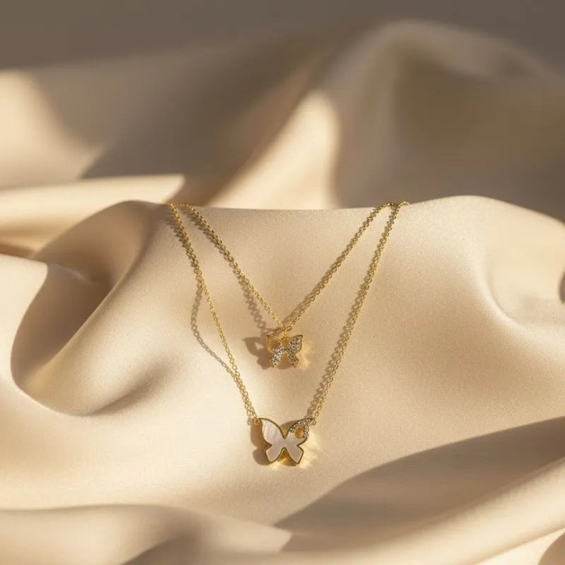 Gold-plated layered necklace with butterfly pendants