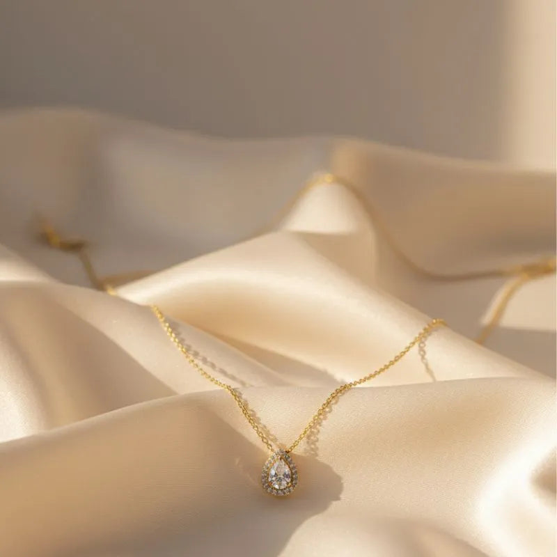 Gold-plated pear-shaped diamond halo pendant necklace