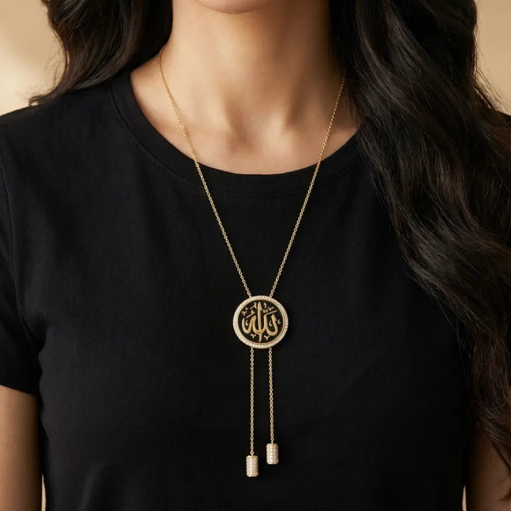 Gold Plated Allah Calligraphy Medallion Necklace worn by a person against a neutral background