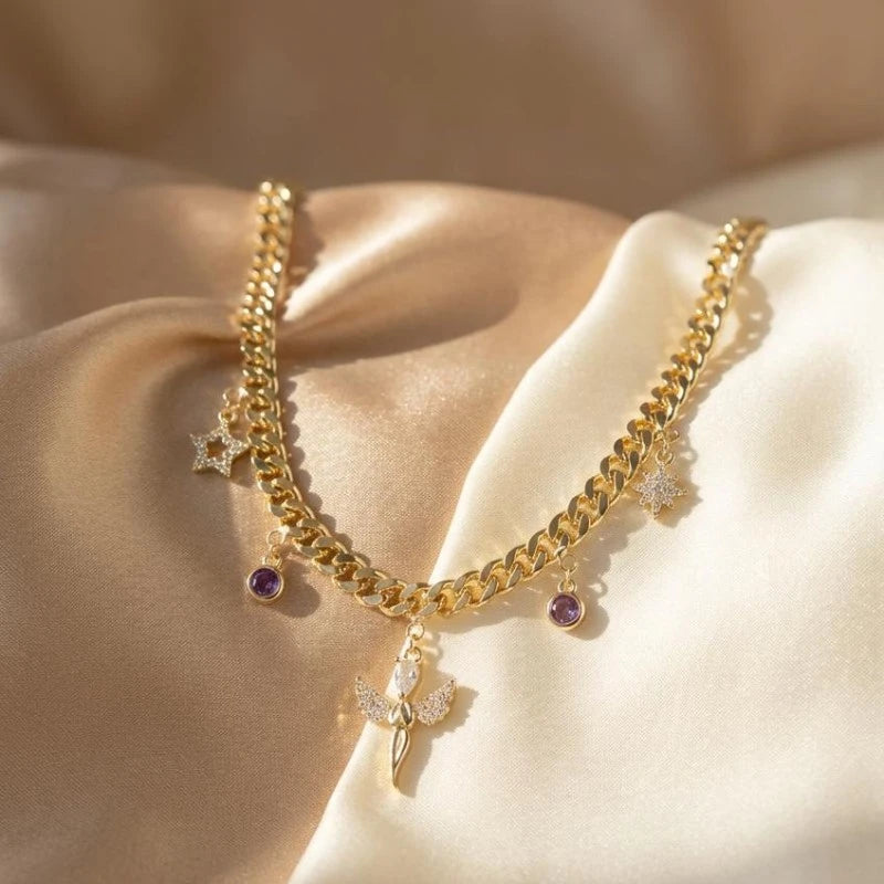 Gold Plated Purple Gemstone with Stars Necklace
