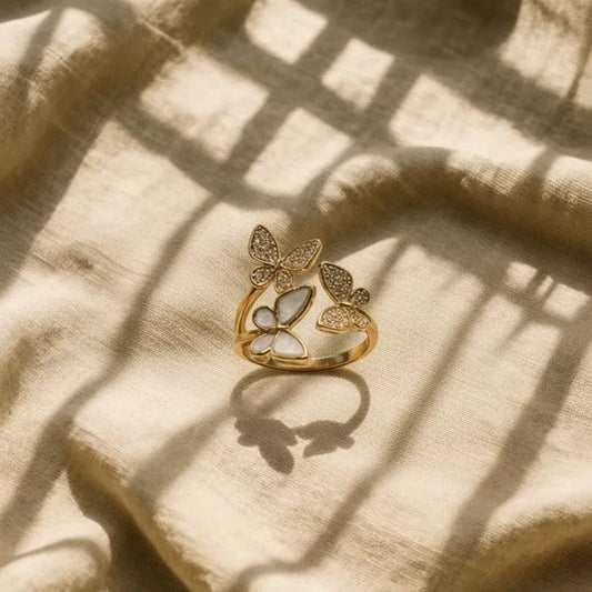 Gold Plated Butterfly Adjustable Ring with Mother of Pearl & Zirconia