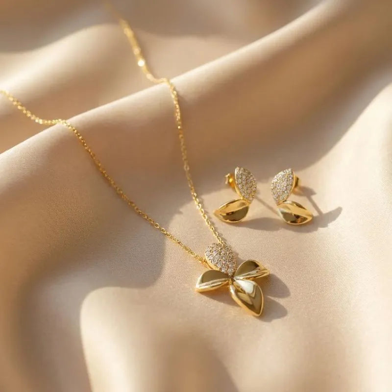 Gold Plated Cubic Zirconia Flower Necklace and Earring Set