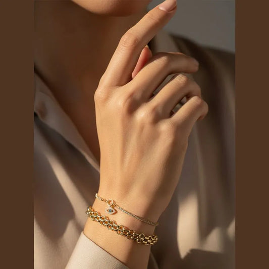 Gold Plated Evil Eye & Bold Link Layered Bracelet Bundle