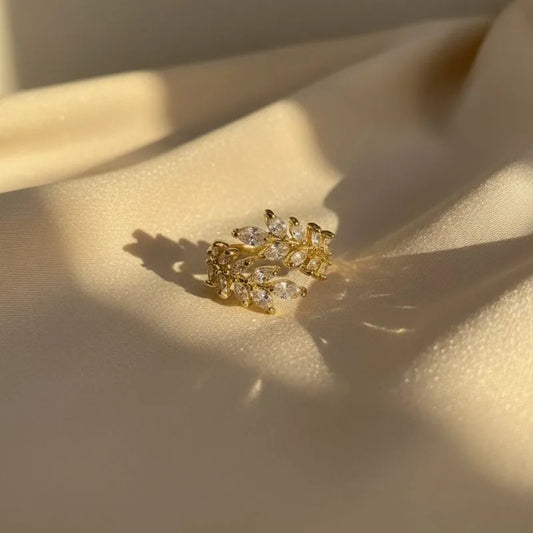 Gold Plated Leaf Cuff Ring Adjustable with zirconia