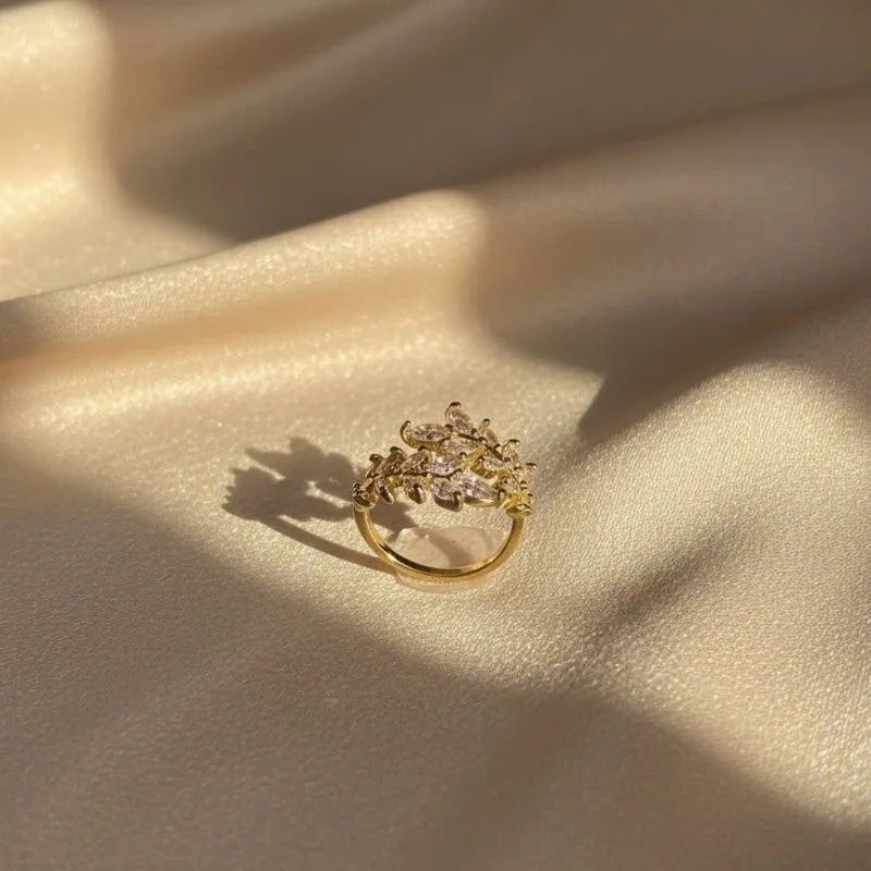 Gold Plated Leaf Cuff Ring Adjustable with zirconia