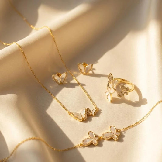 Gold Plated Mother of Pearl Butterfly Jewelry Bundle