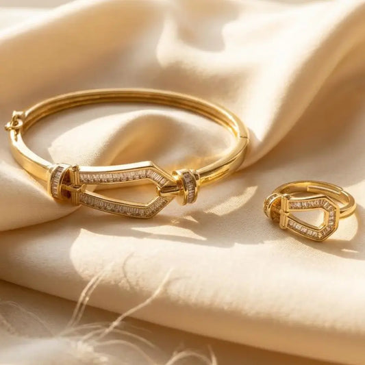 Gold Plated Horse Hoof Bracelet and Ring Jewelry Set - white