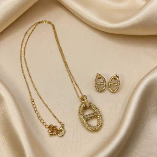 Gold Plated Necklace Set with Earrings - Oval Anchor