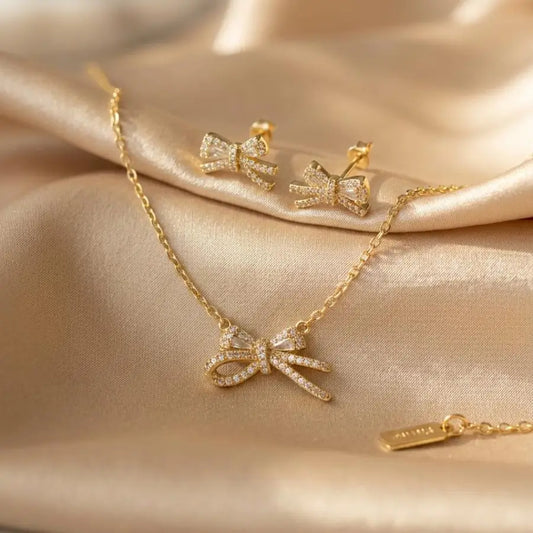 Gold Plated Necklace Set with Earrings – Ribbon Knot