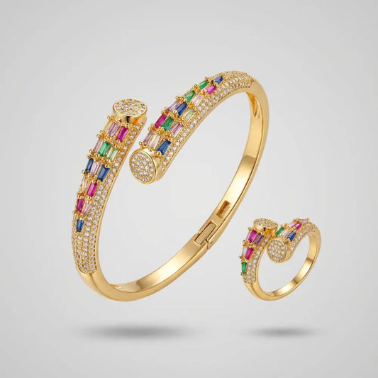 Gold Plated Rainbow Crystal Baguette Cuff Bangle Ring Set_1