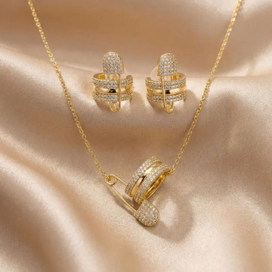 Gold Plated Safety Pin Zirconia Jewelry Set