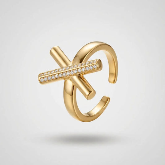 Gold Plated Statement Ring with X-Shaped on a light gray background