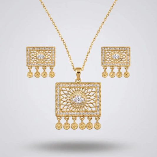 Gold Plated Traditional Arabic Necklace & Earring Set on a light gray background