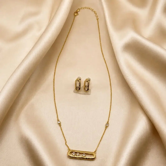 Oval Bar Gold Plated Necklace Set with Earrings