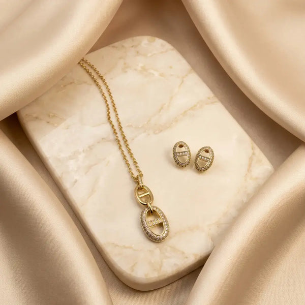 Oval Gold Plated Necklace Set with Earrings