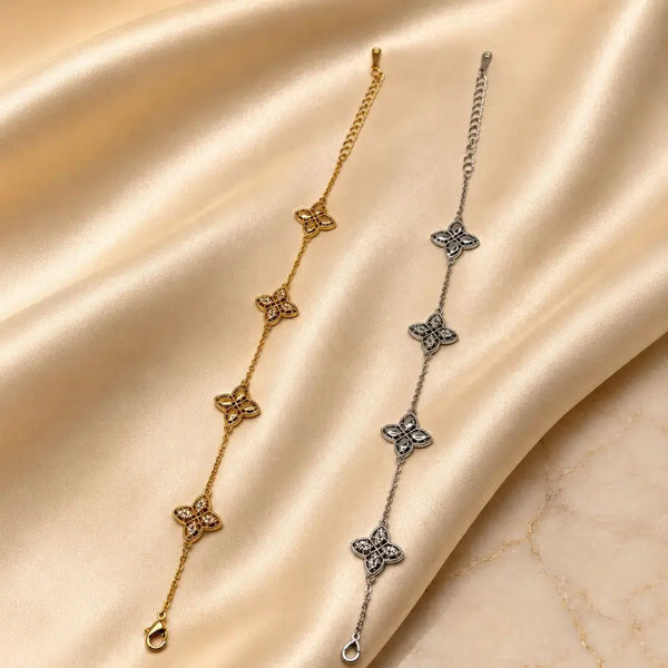 Quad Floral Motif Gold Plated Charm Bracelet
