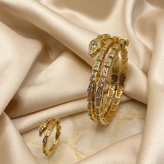 Serpent Wrap Gold Plated Cuff Bracelet and Ring Set