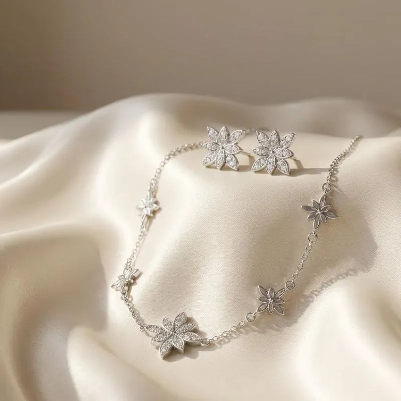 Stainless Steel Floral crystal necklace and earrings set