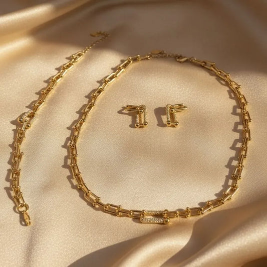 Gold Plated Chain Jewelry Set with Zircon (3pcs) daily wear