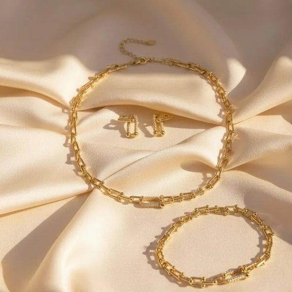 Gold Plated Chain Jewelry Set with Zircon (3pcs)