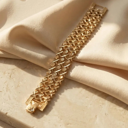 Luxury Gold-Plated Intricate Mesh Textured Wide Bracelet