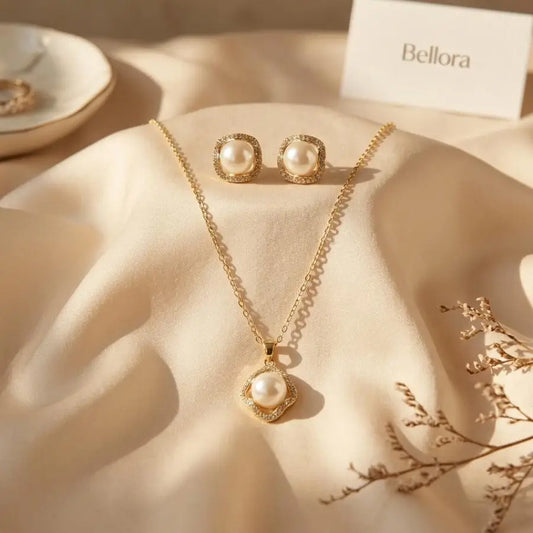 Gold-Plated Pearl Necklace and Earrings Jewelry Set