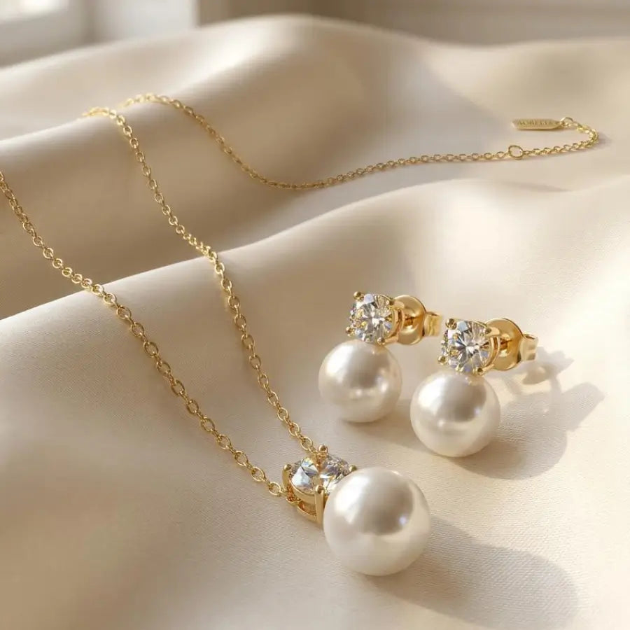 Gold Plated Solitaire Pearl Necklace and Earrings Set