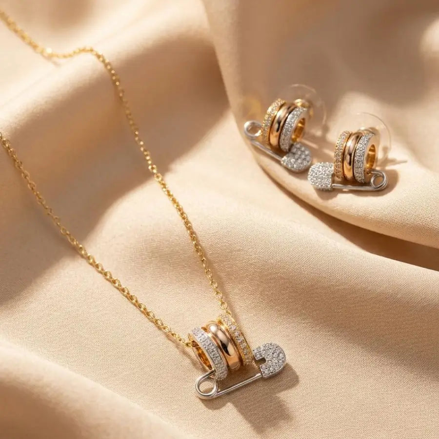 Gold Plated Safety Pin Necklace and Earrings Jewelry Set