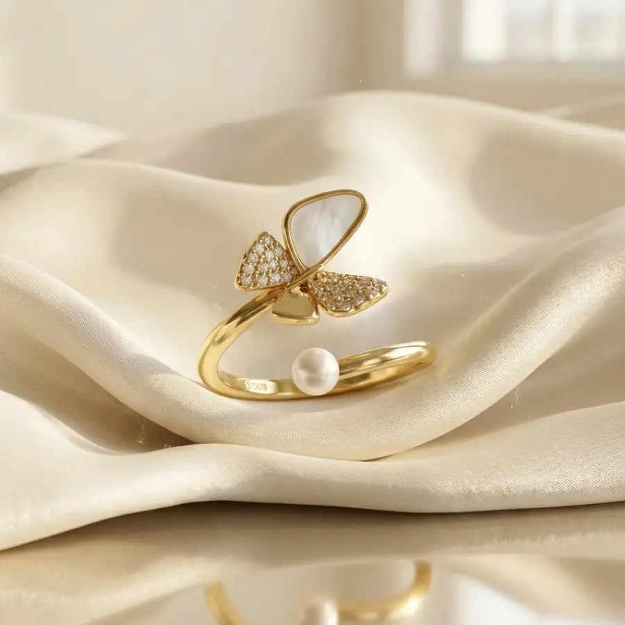 Luxury Gold-plated Ring with Shell Butterfly and Pearl Accent