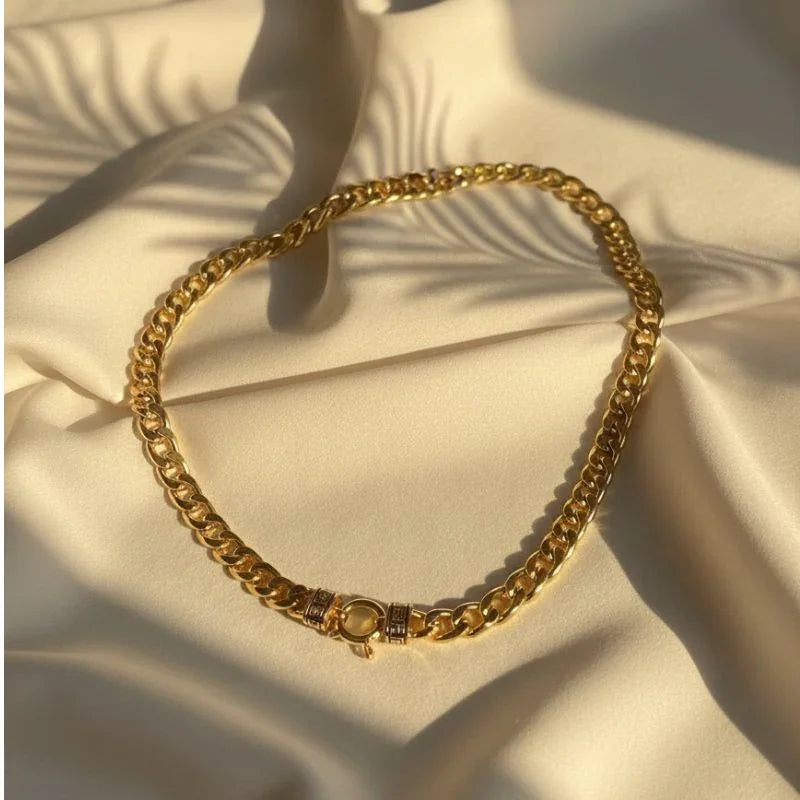 Greek Key Accent Gold Plated Cuban Link Necklace