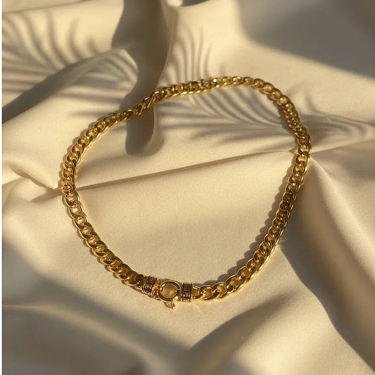 Greek Key Accent Gold Plated Cuban Link Necklace