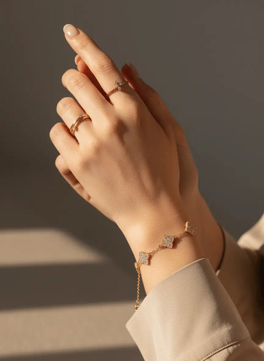 Zirconia-Paved Clover Motif Bracelet available in Gold & Silver