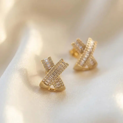 14K Gold-Plated Stud Earrings with X Design 