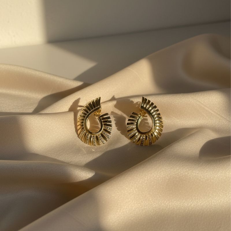 14K Gold Plated Stud Earrings with Textured Open Curve Design