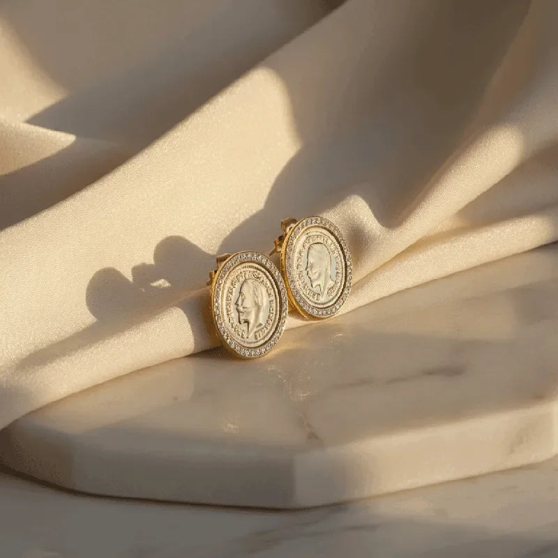 14K Gold Plated Stud Earrings with Oval Coin Design
