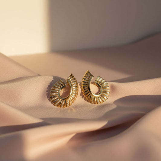 14K Gold Plated Stud Earrings with Textured Open Curve Design